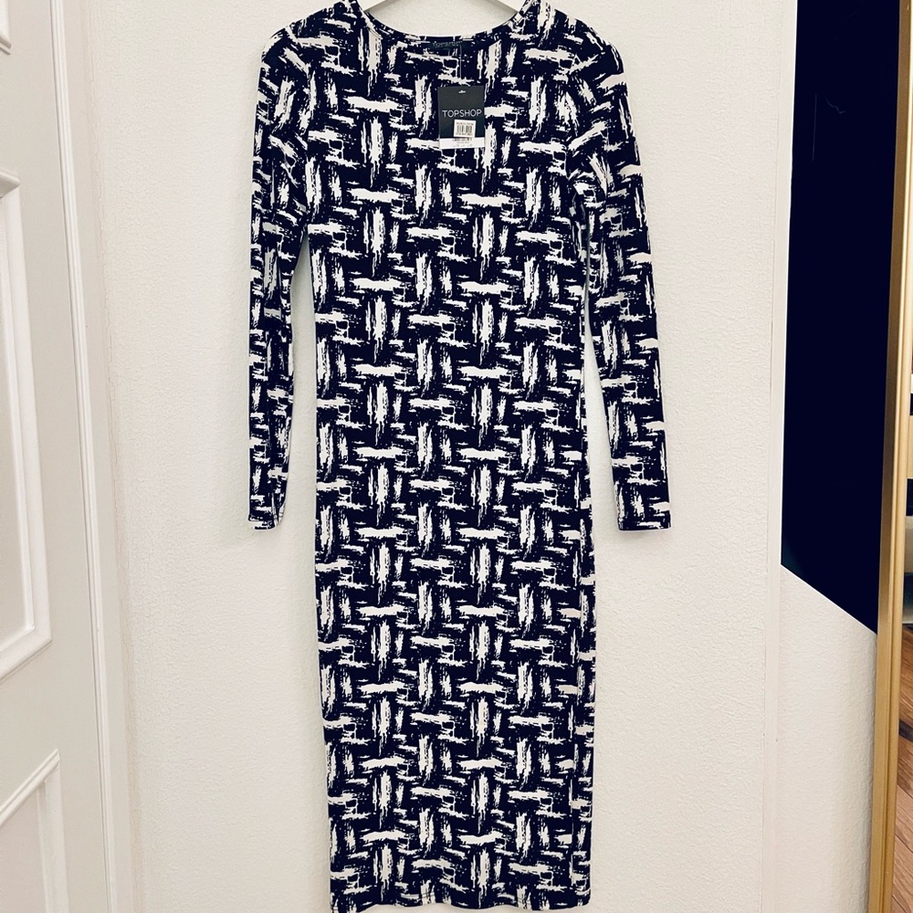 NEW Topshop Printed Long Sleeve Bodycon Midi Dress, 46” L